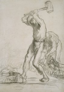 2人の農民が木を挽き割る（紙に黒いチョーク） 作： Jean Francois Millet